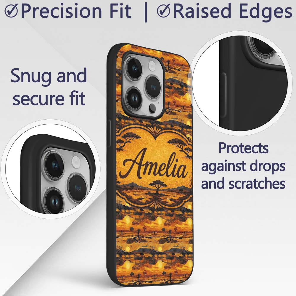 Textured African Landscape with Sunset Scene and Custom Name Protective Phone Case Mobile Cover Durable Everyday Smartphone Shock Resistant