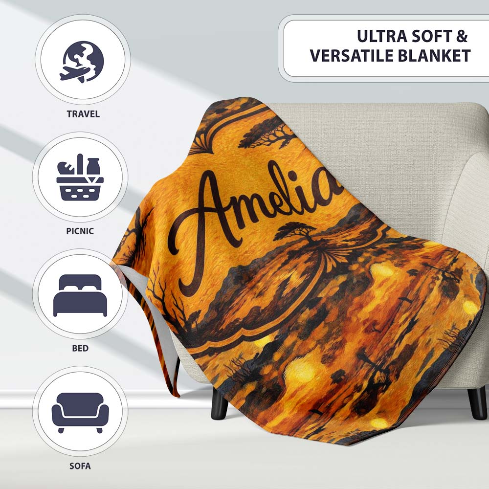 Textured African Landscape with Sunset Scene and Silhouettes in Warm Personalised Custom Name Super Soft Fleece Blanket Bed Sofa Throw