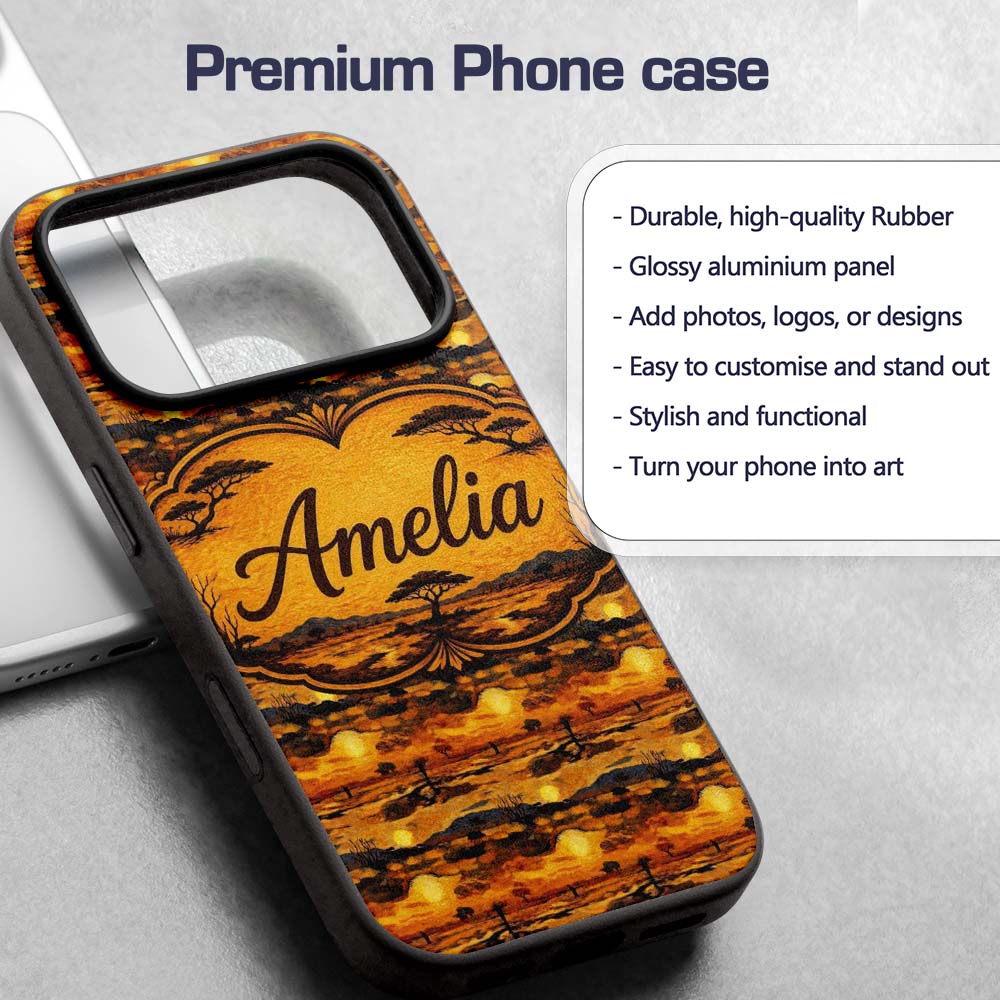 Textured African Landscape with Sunset Scene and Custom Name Protective Phone Case Mobile Cover Durable Everyday Smartphone Shock Resistant