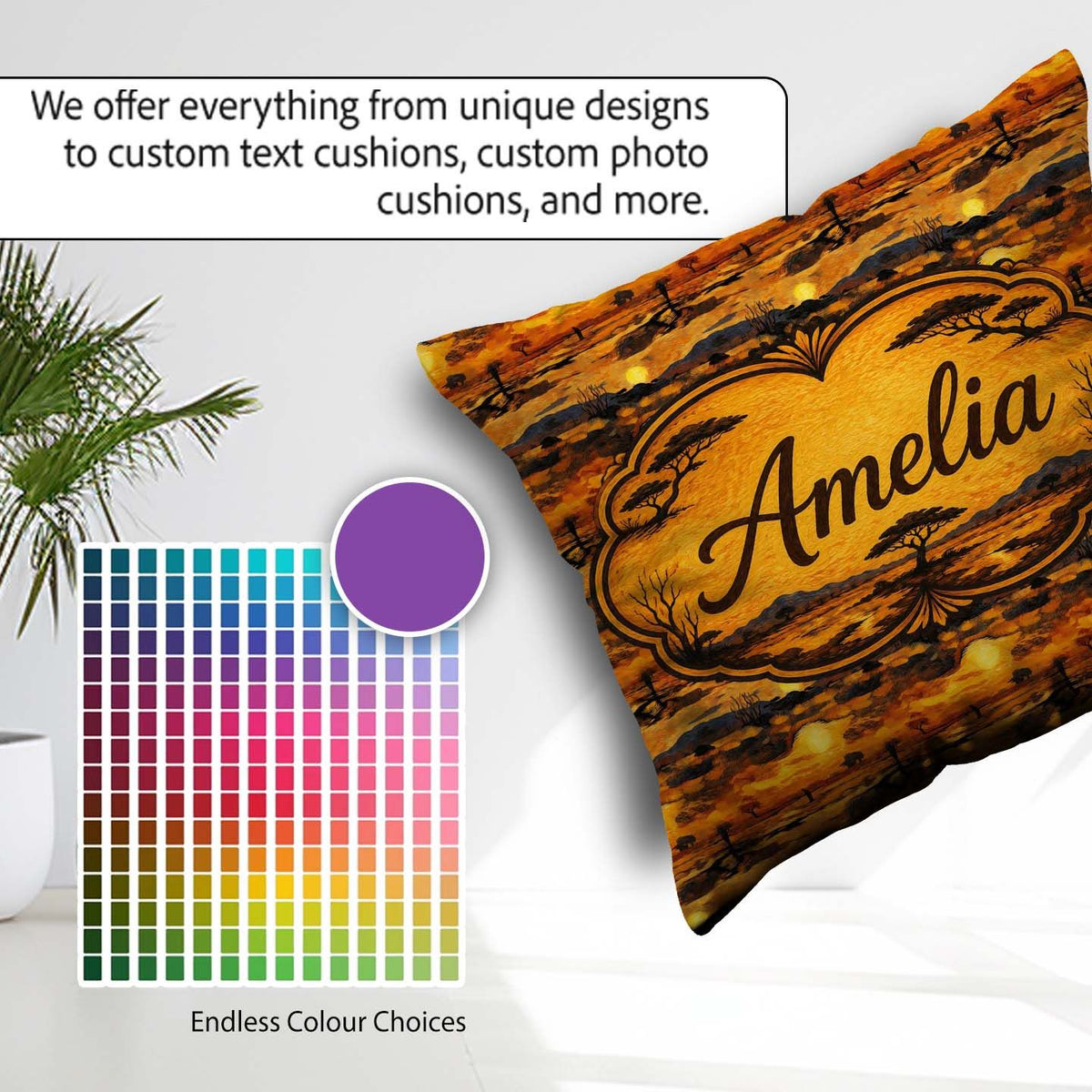Custom Name Textured African Landscape with Sunset Scene in Warm Square Filled Cushion Throw Pillow Sofa Bed Home Decor Zip Washable UK Made