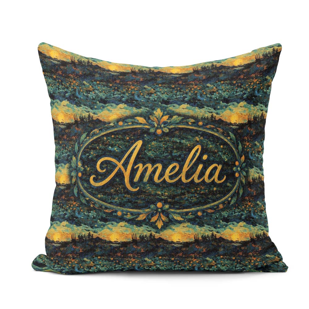 Custom Name Landscape with Rolling Hills and Sunset in Deep Blue Square Filled Cushion Throw Pillow Sofa Bed Home Decor Zip Washable UK Made