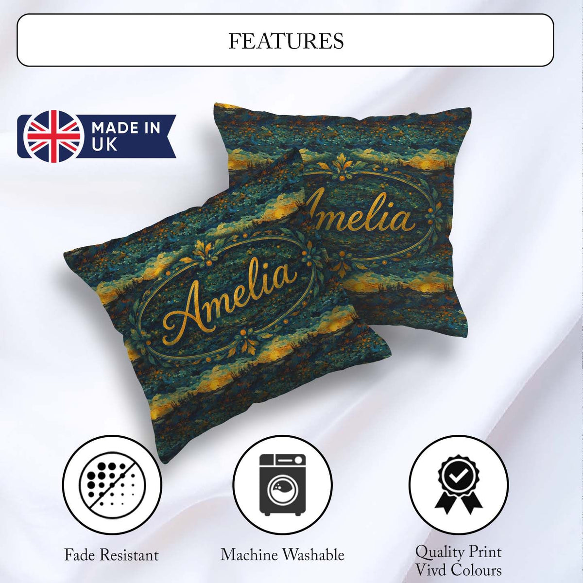 Custom Name Landscape with Rolling Hills and Sunset in Deep Blue Square Filled Cushion Throw Pillow Sofa Bed Home Decor Zip Washable UK Made