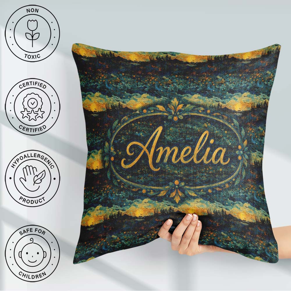 Custom Name Landscape with Rolling Hills and Sunset in Deep Blue Square Filled Cushion Throw Pillow Sofa Bed Home Decor Zip Washable UK Made