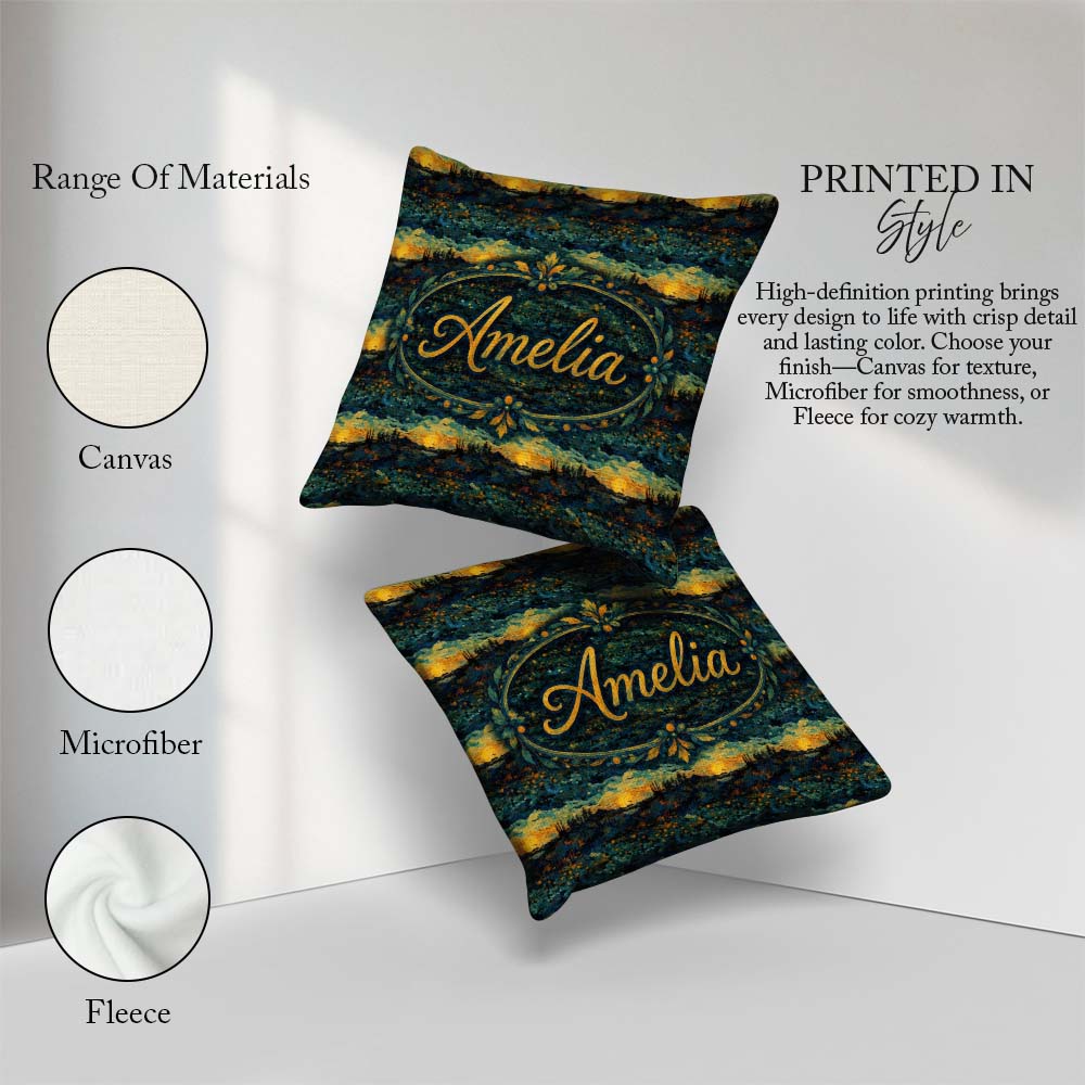 Custom Name Landscape with Rolling Hills and Sunset in Deep Blue Square Filled Cushion Throw Pillow Sofa Bed Home Decor Zip Washable UK Made