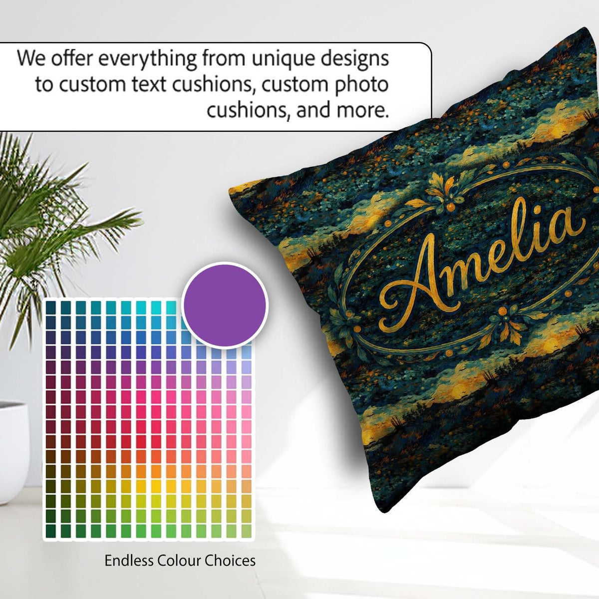 Custom Name Landscape with Rolling Hills and Sunset in Deep Blue Square Filled Cushion Throw Pillow Sofa Bed Home Decor Zip Washable UK Made