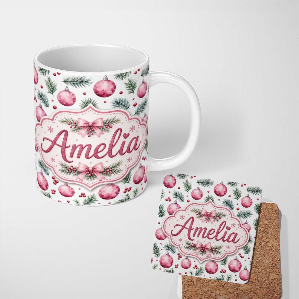 Personalized Custom Name Watercolor Pink Baubles Pine Branches Berry Christmas Seamless 11oz Ceramic Coffee Tea Mug White Large Handle
