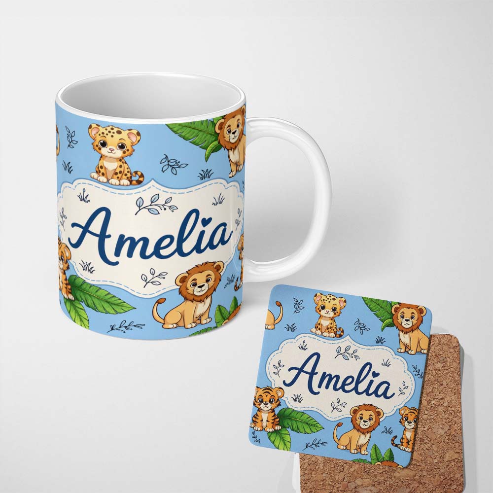 Personalized Custom Name Cute Jungle Animals Lion Tiger Leopard Tropical Leaves Sky Blue 11oz Ceramic Coffee Tea Mug White Large Handle