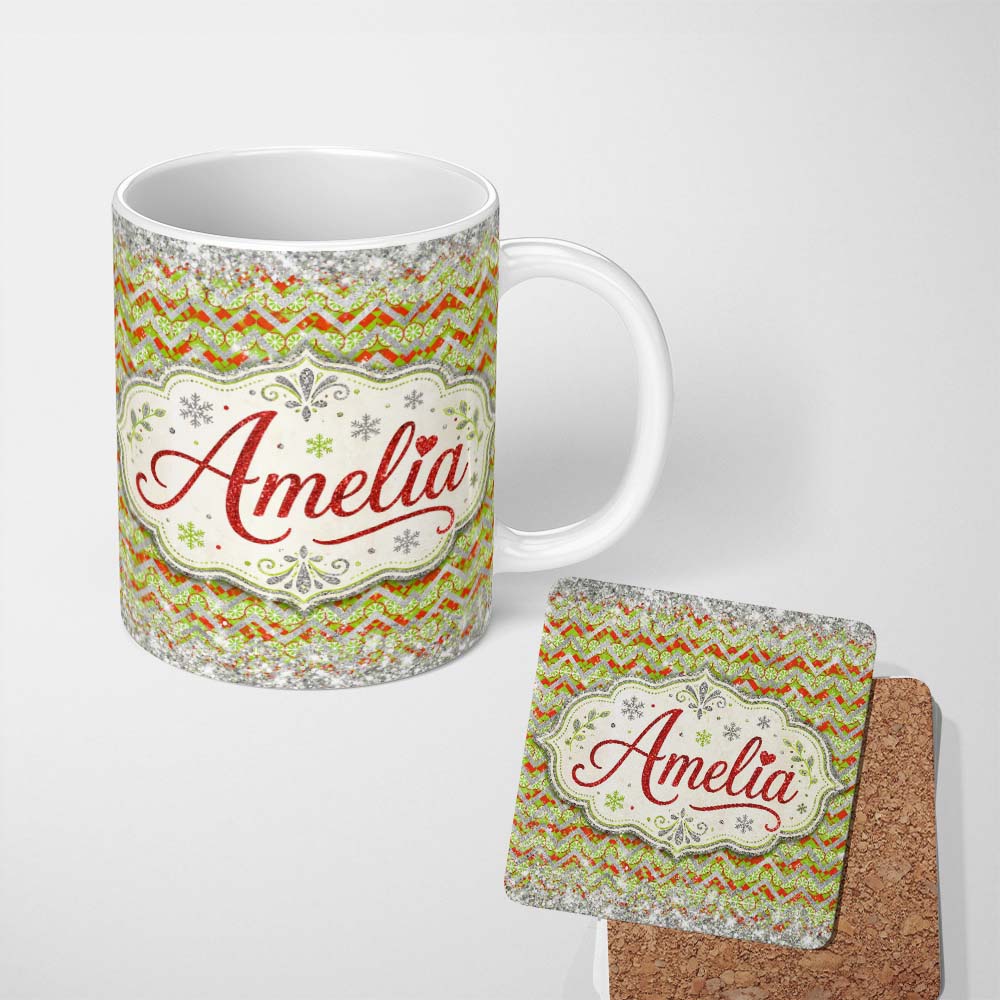 Personalized Custom Name Green Red Chevron Silver Glitter Snow Seamless Pattern Design Winter 11oz Ceramic Coffee Tea Mug White Large Handle