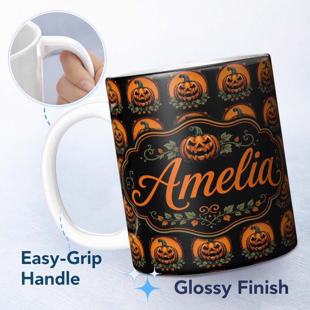 Personalized Custom Name Cute Carved Pumpkin Leaves Black Background Halloween Seamless 11oz Ceramic Coffee Tea Mug White Large Handle