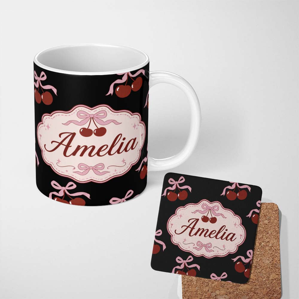 Personalized Custom Name Cherry Bow Ribbon Cute Light Grey Minimal Background Seamless Lovely 11oz Ceramic Coffee Tea Mug White Large Handle