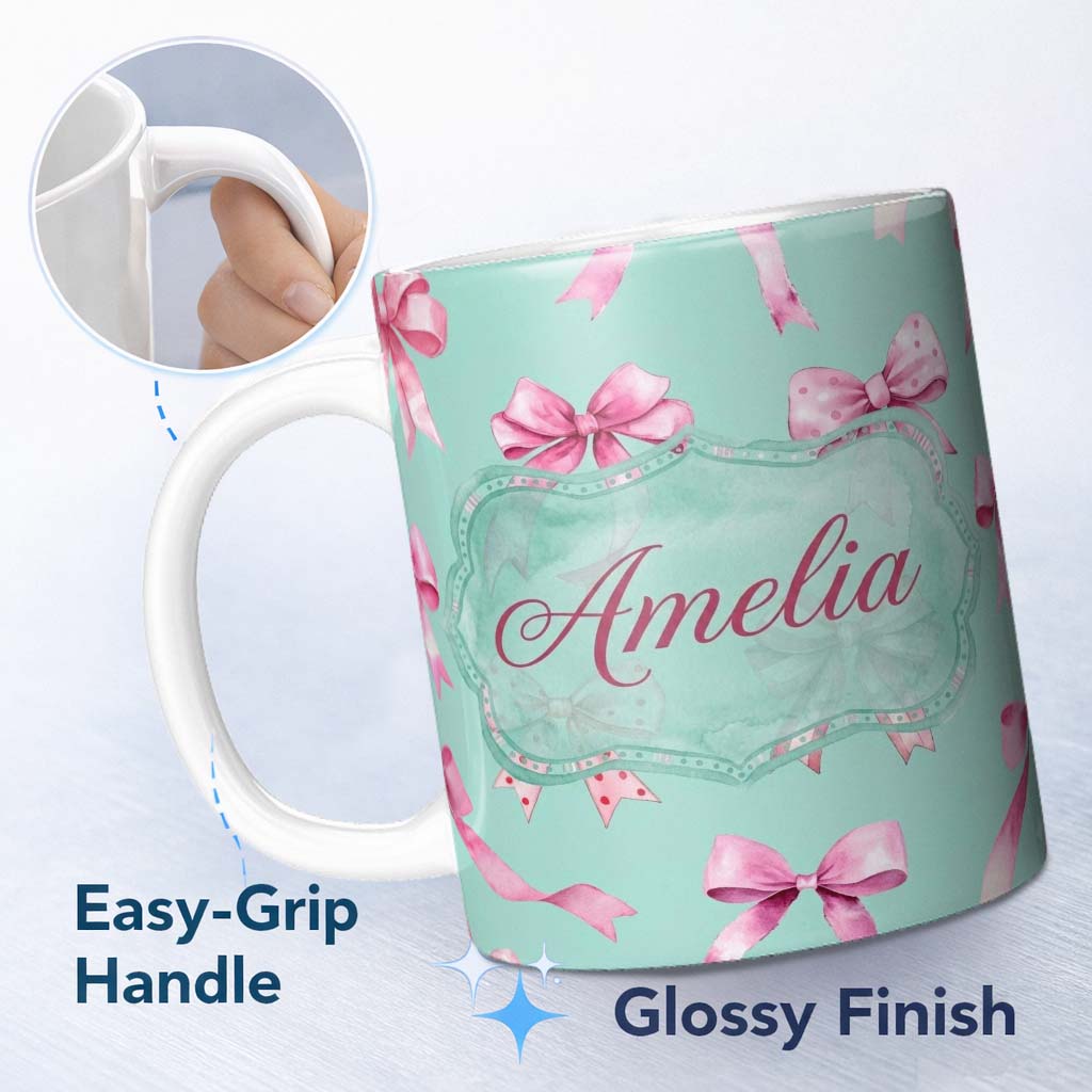 Personalized Custom Name Watercolor Pink Ribbon Bow Seamless Pattern on Teal Background 11oz Ceramic Coffee Tea Mug White Large Handle