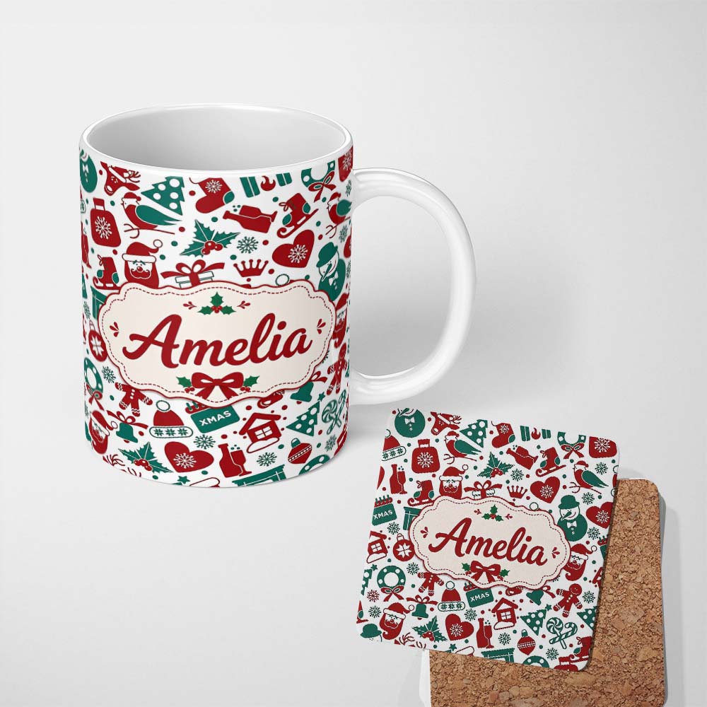 Personalized Custom Name Festive Christmas Santa Gift Snowman Seamless Pattern Lovely 11oz Ceramic Coffee Tea Mug White Large Handle