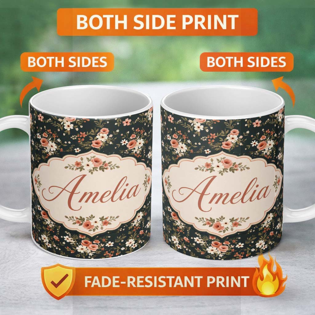 Personalized Custom Name Delicate Peach and White Floral Bouquet on Dark Background Seamless 11oz Ceramic Coffee Tea Mug White Large Handle