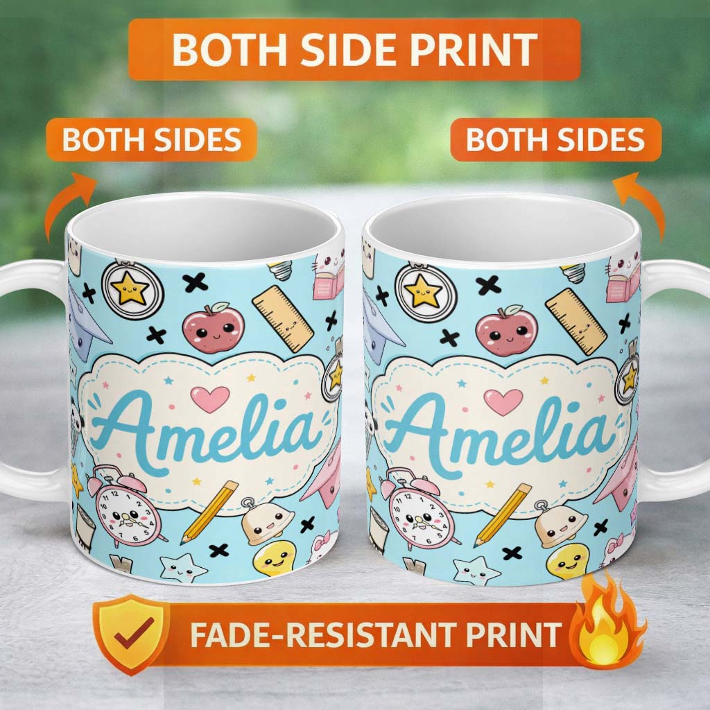 Personalized Custom Name Cute Kawaii School Cat Books Apple Clock Supplies Pattern Blue 11oz Ceramic Coffee Tea Mug White Large Handle