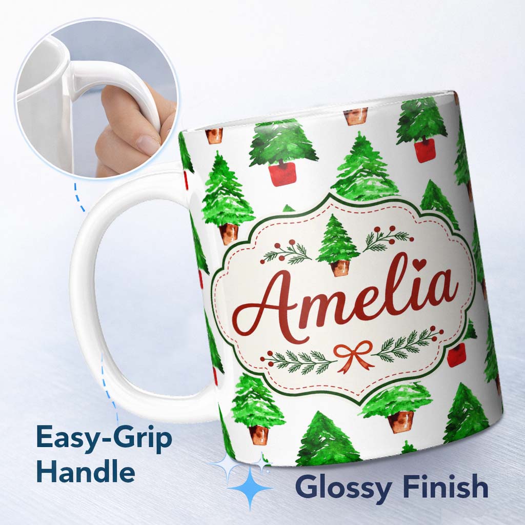 Personalized Custom Name Watercolor Christmas Tree in Pots Hand Painted Seamless Pattern 11oz Ceramic Coffee Tea Mug White Large Handle