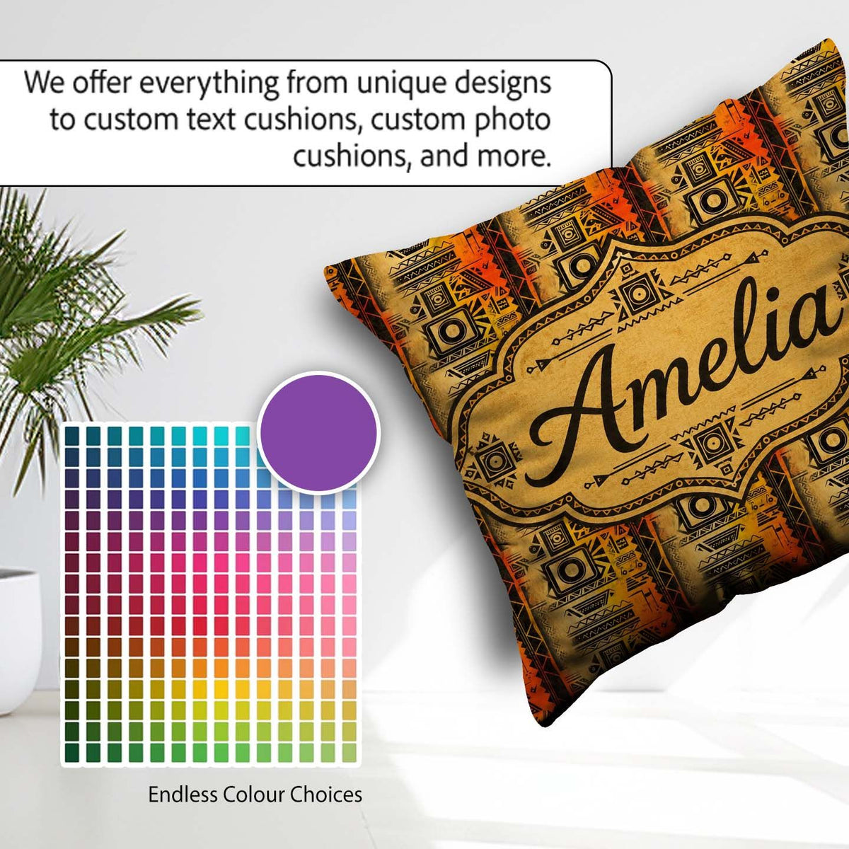 Custom Name Bold Tribal Panel with Geometric Blocks in Black and Square Filled Cushion Throw Pillow Sofa Bed Home Decor Zip Washable UK Made