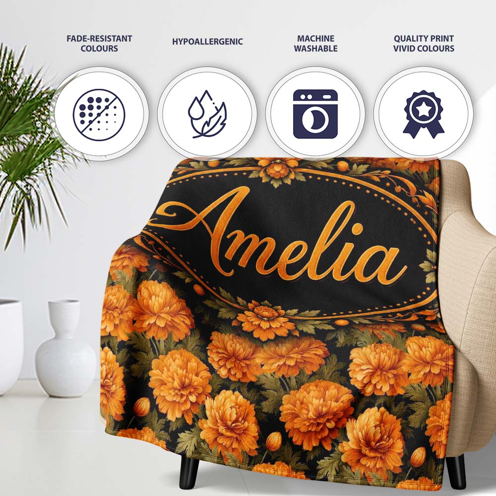 Orange Chrysanthemum Floral on Black Background with Detailed Petals Personalised Custom Name Super Soft Fleece Blanket Bed Sofa Throw