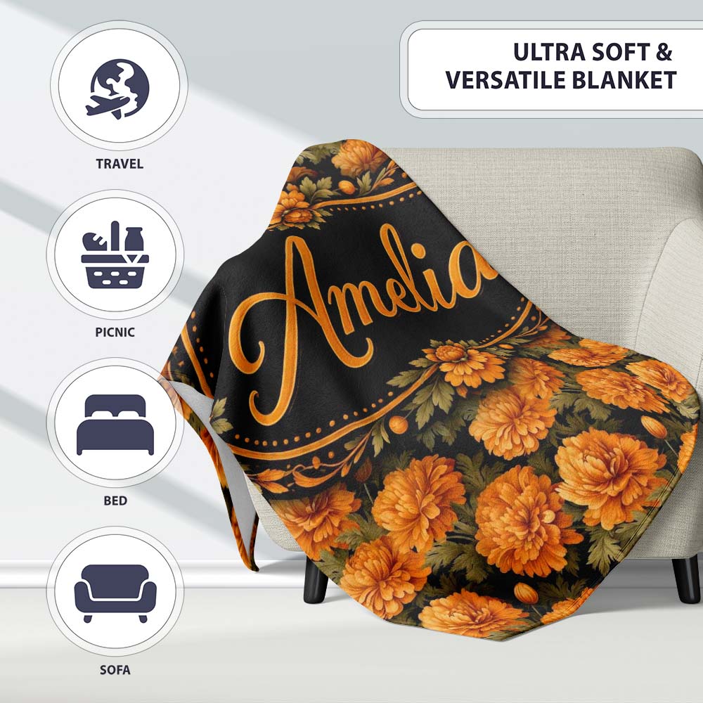 Orange Chrysanthemum Floral on Black Background with Detailed Petals Personalised Custom Name Super Soft Fleece Blanket Bed Sofa Throw