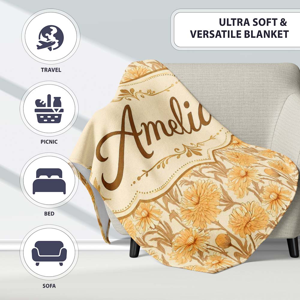 Dense Golden Chrysanthemum Floral Pattern with Dark Foliage Lovely Personalised Custom Name Super Soft Fleece Blanket Bed Sofa Throw