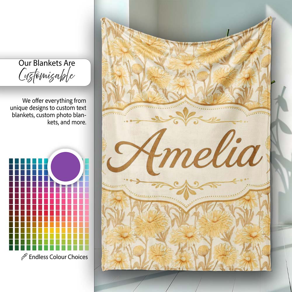 Dense Golden Chrysanthemum Floral Pattern with Dark Foliage Lovely Personalised Custom Name Super Soft Fleece Blanket Bed Sofa Throw