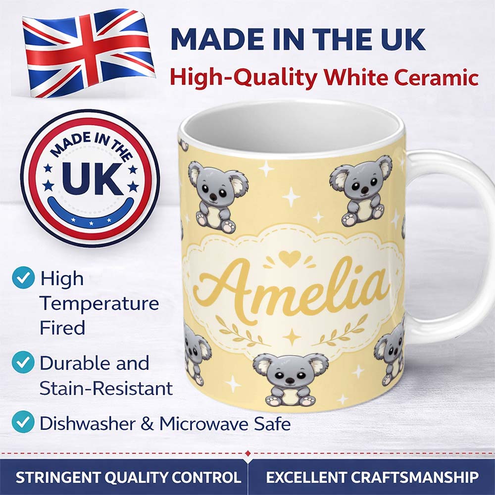 Personalized Custom Name Cute Koala Bears with Stars Yellow Background Seamless Pattern 11oz Ceramic Coffee Tea Mug White Large Handle
