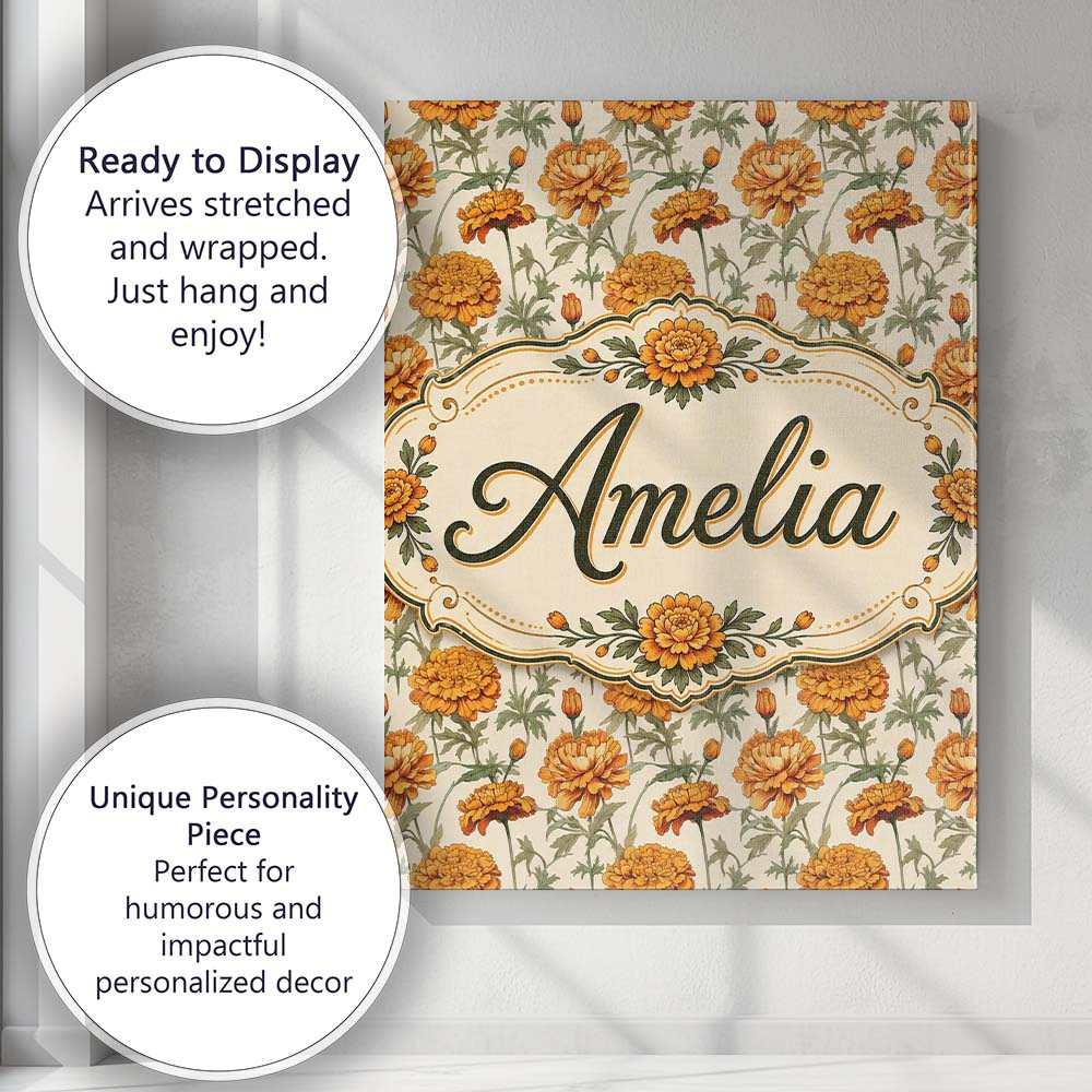 Personalised Name Elegant Orange Chrysanthemum Floral with Soft Creative Decorator Style Canvas Wall Art Print Decor Picture Ready to Hang