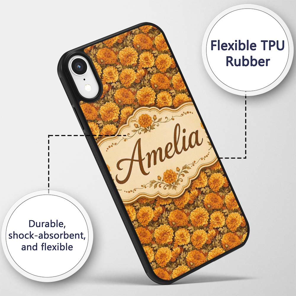 Soft Sepia Chrysanthemum Floral Printed Design Custom Name Protective Phone Case Mobile Cover Durable Everyday Smartphone Shock Resistant