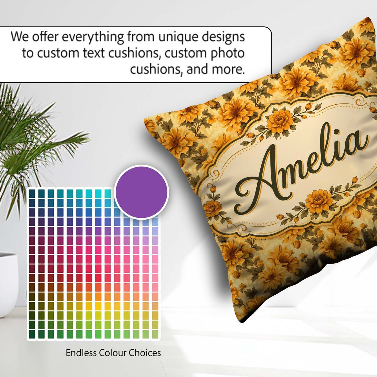 Custom Name Floral on Light Neutral Background with Fine Details Square Filled Cushion Throw Pillow Sofa Bed Home Decor Zip Washable UK Made