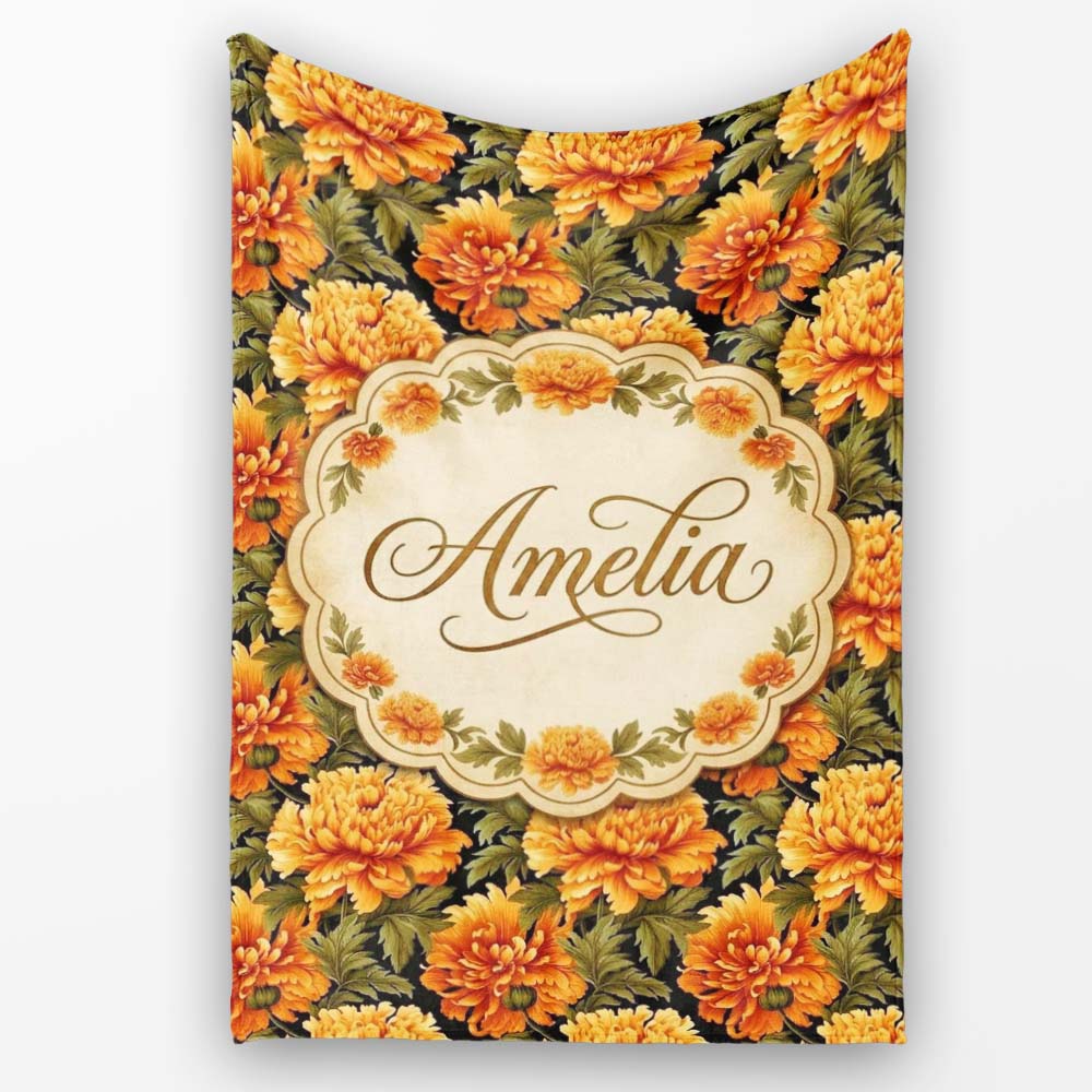 Chrysanthemum Floral on Dark Background with High Contrast Petals Personalised Custom Name Super Soft Fleece Blanket Bed Sofa Throw