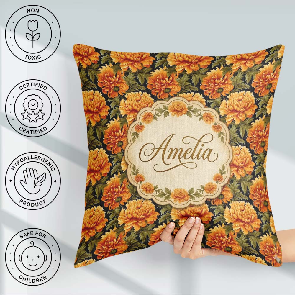 Custom Name Floral on Dark Background with High Contrast Petals Square Filled Cushion Throw Pillow Sofa Bed Home Decor Zip Washable UK Made