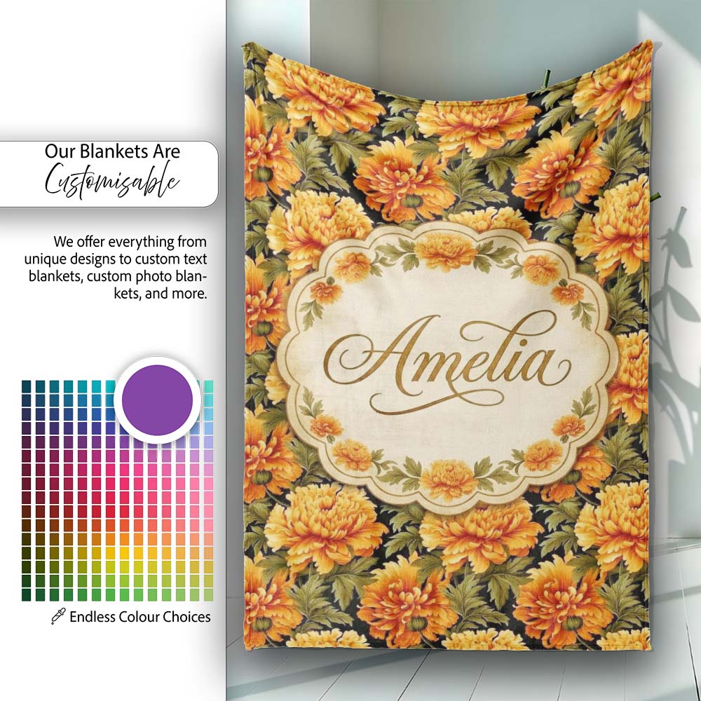 Chrysanthemum Floral on Dark Background with High Contrast Petals Personalised Custom Name Super Soft Fleece Blanket Bed Sofa Throw