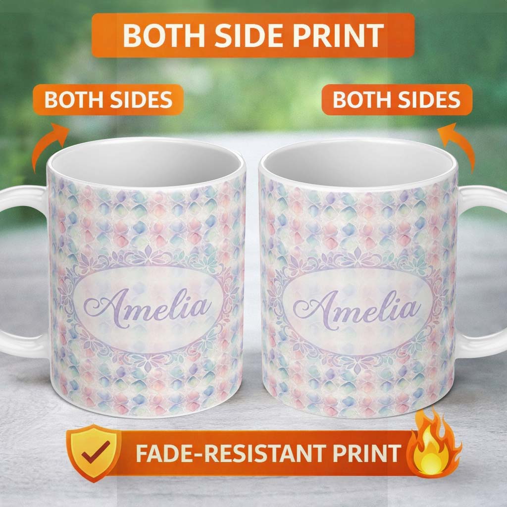 Personalized Custom Name Soft Pastel Geometric Floral Pattern Light Multicolour Seamless 11oz Ceramic Coffee Tea Mug White Large Handle