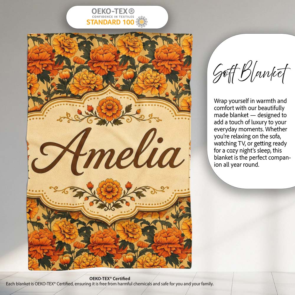 Layered Autumn Chrysanthemum Floral Pattern with Mixed Orange and Personalised Custom Name Super Soft Fleece Blanket Bed Sofa Throw