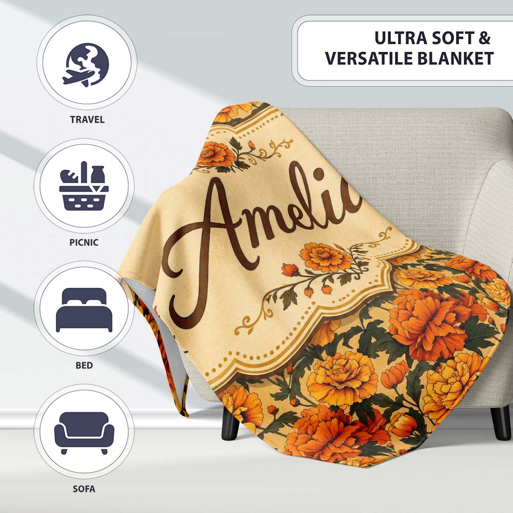 Layered Autumn Chrysanthemum Floral Pattern with Mixed Orange and Personalised Custom Name Super Soft Fleece Blanket Bed Sofa Throw