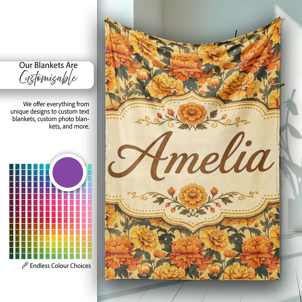 Layered Autumn Chrysanthemum Floral Pattern with Mixed Orange and Personalised Custom Name Super Soft Fleece Blanket Bed Sofa Throw