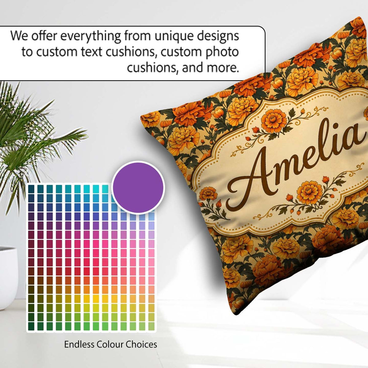 Custom Name Layered Autumn Floral Pattern with Mixed Orange and Square Filled Cushion Throw Pillow Sofa Bed Home Decor Zip Washable UK Made