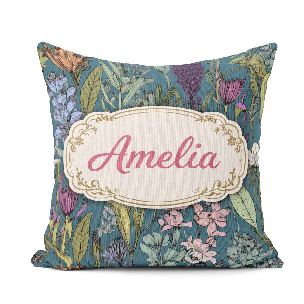 Custom Name Elegant Botanical Line Art Green Background Seamless Square Filled Cushion Throw Pillow Sofa Bed Home Decor Zip Washable UK Made