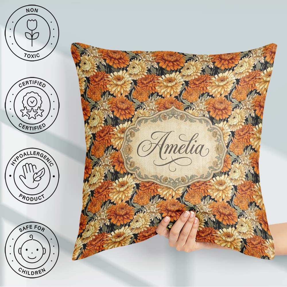 Custom Name Soft Watercolour Orange Floral Pattern on Cream with Square Filled Cushion Throw Pillow Sofa Bed Home Decor Zip Washable UK Made