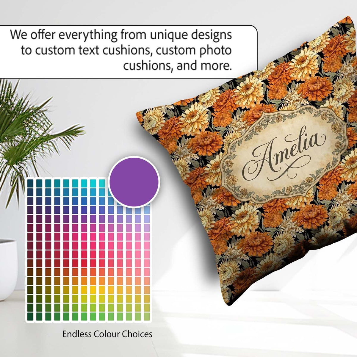 Custom Name Soft Watercolour Orange Floral Pattern on Cream with Square Filled Cushion Throw Pillow Sofa Bed Home Decor Zip Washable UK Made