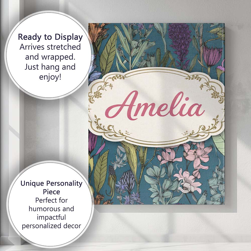 Personalised Name Elegant Botanical Floral Line Green Background Custom Interior Canvas Wall Art Print Decor Picture Ready to Hang