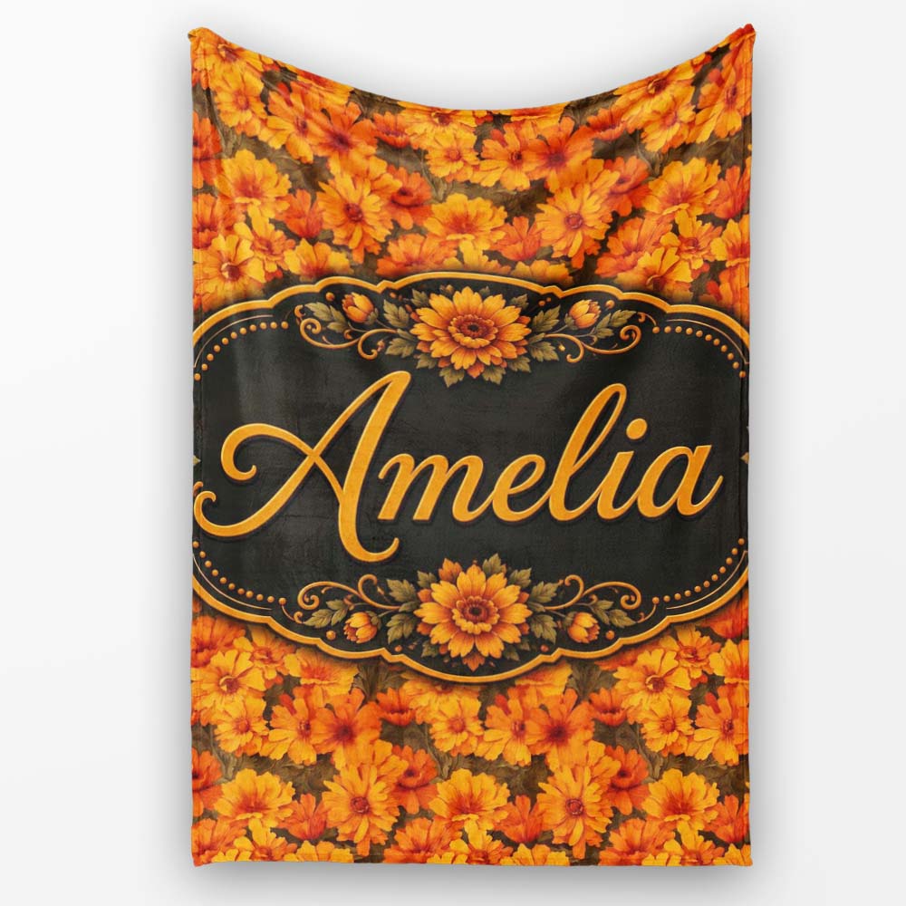 Dense Chrysanthemum Floral Pattern in Orange and Cream on Black Personalised Custom Name Super Soft Fleece Blanket Bed Sofa Throw