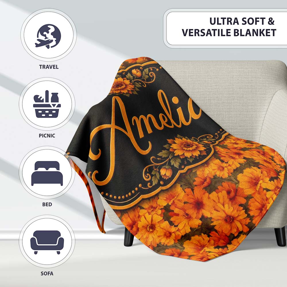 Dense Chrysanthemum Floral Pattern in Orange and Cream on Black Personalised Custom Name Super Soft Fleece Blanket Bed Sofa Throw
