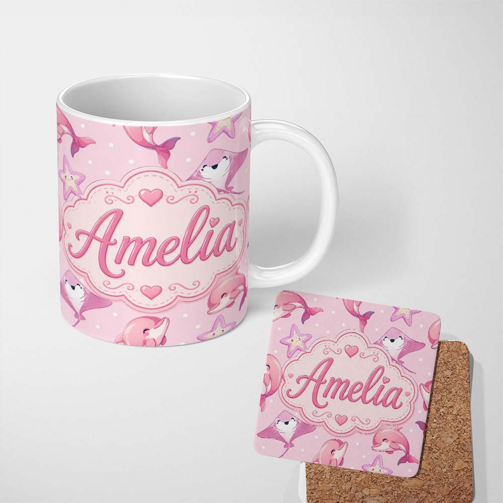 Personalized Custom Name Pink Dolphin Stingray Starfish Ocean Creatures Soft Blush Polka Dot 11oz Ceramic Coffee Tea Mug White Large Handle