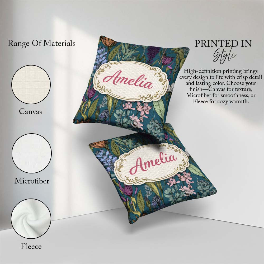 Custom Name Elegant Botanical Line Art Green Background Seamless Square Filled Cushion Throw Pillow Sofa Bed Home Decor Zip Washable UK Made
