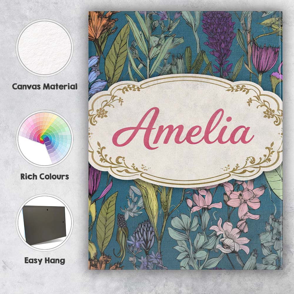 Personalised Name Elegant Botanical Floral Line Green Background Custom Interior Canvas Wall Art Print Decor Picture Ready to Hang