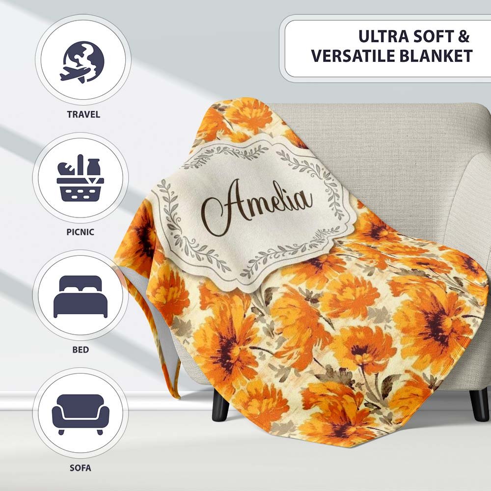 Classic Autumn Chrysanthemum Floral Pattern in Orange and Gold Tones Personalised Custom Name Super Soft Fleece Blanket Bed Sofa Throw