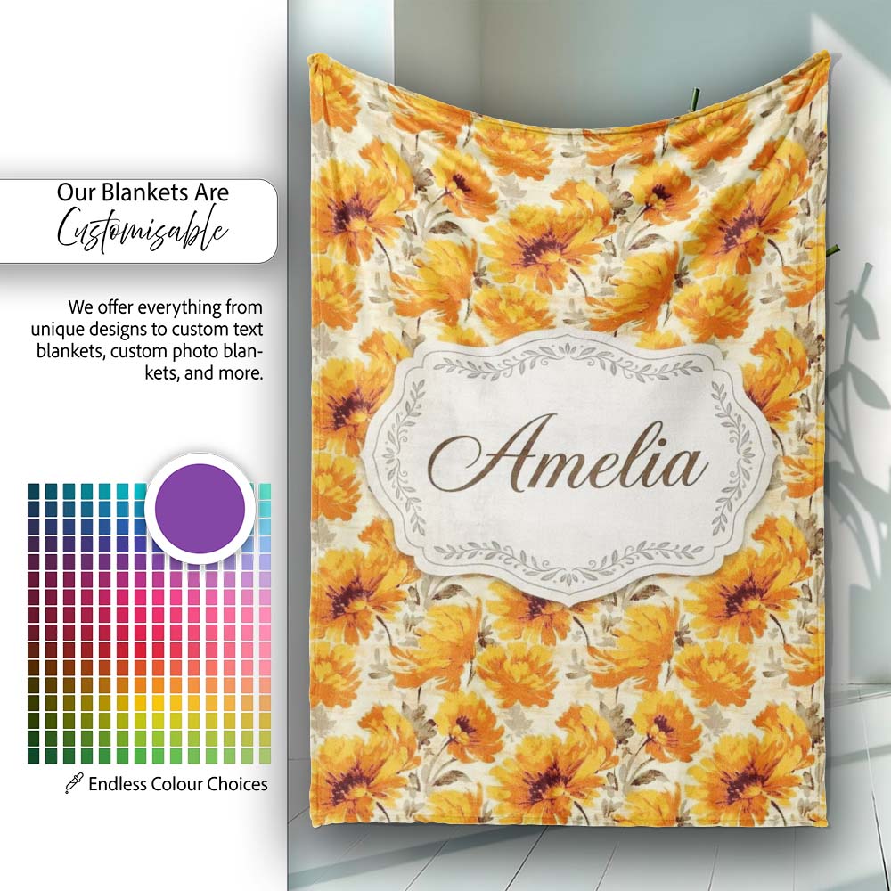 Classic Autumn Chrysanthemum Floral Pattern in Orange and Gold Tones Personalised Custom Name Super Soft Fleece Blanket Bed Sofa Throw