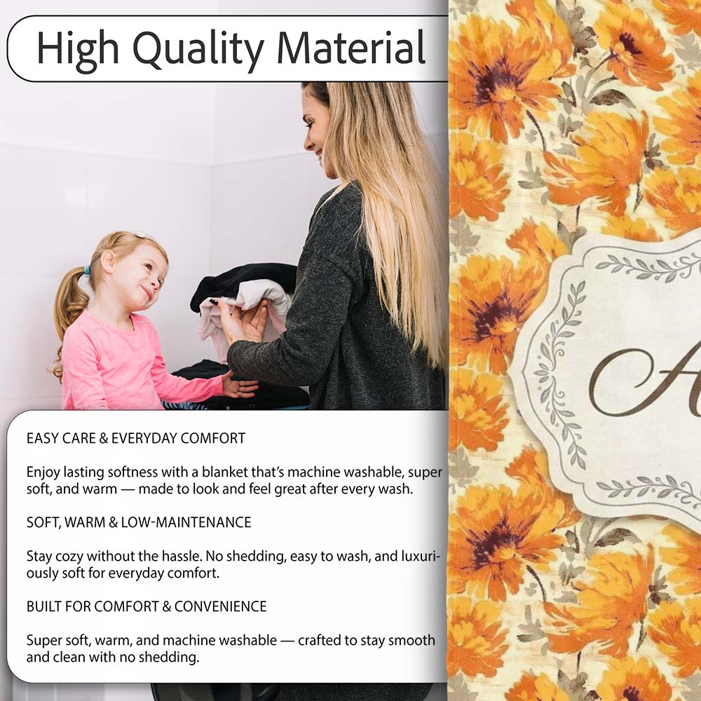 Classic Autumn Chrysanthemum Floral Pattern in Orange and Gold Tones Personalised Custom Name Super Soft Fleece Blanket Bed Sofa Throw