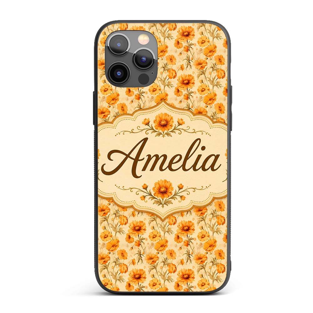 Chrysanthemum Floral on Neutral Background with Custom Name Protective Phone Case Mobile Cover Durable Everyday Smartphone Shock Resistant
