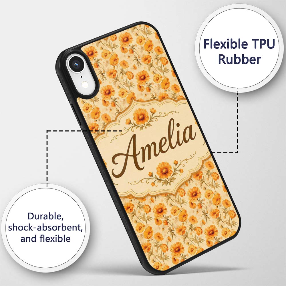 Chrysanthemum Floral on Neutral Background with Custom Name Protective Phone Case Mobile Cover Durable Everyday Smartphone Shock Resistant